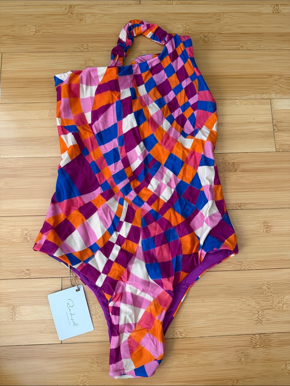 One-Shoulder Geometric Print One-Piece Swimsuit in Pink, Orange & Purple
